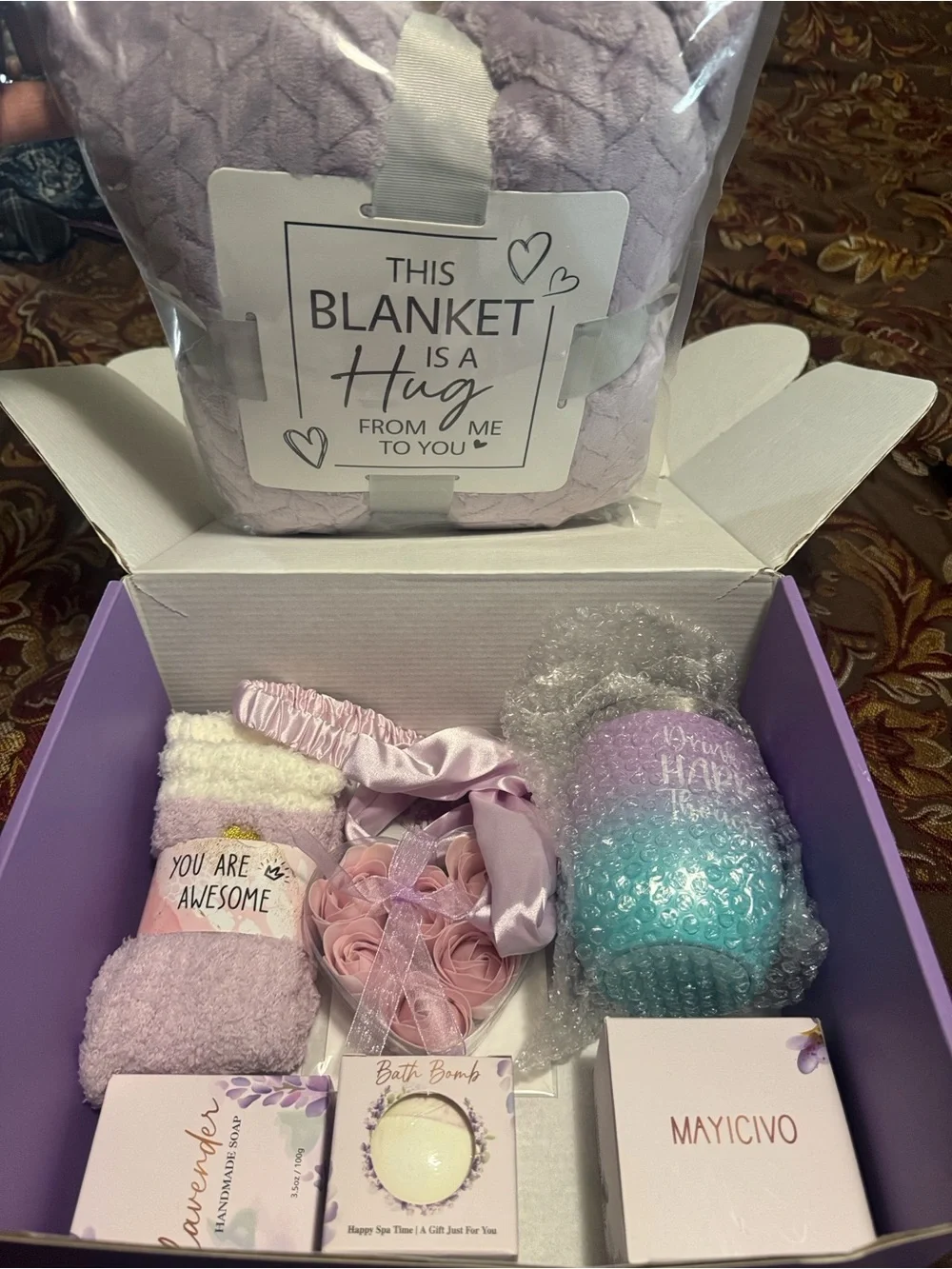 Purple Bath Gift Set Basket w/ Bath Bomb, Scented Candle & Marbled Bar Soap